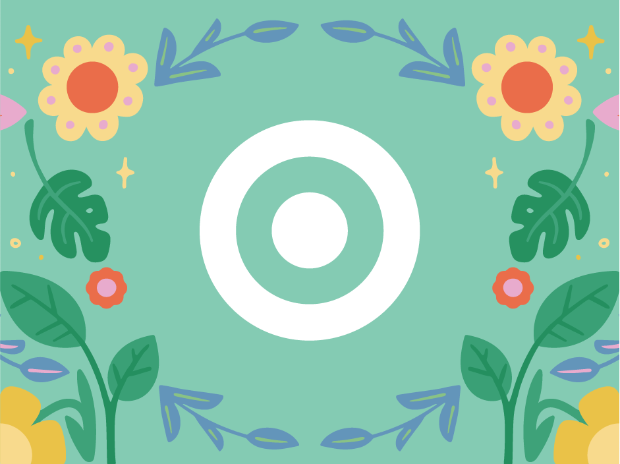 A banner with the Target logo surrounded by illustrations of flowers and leaves.