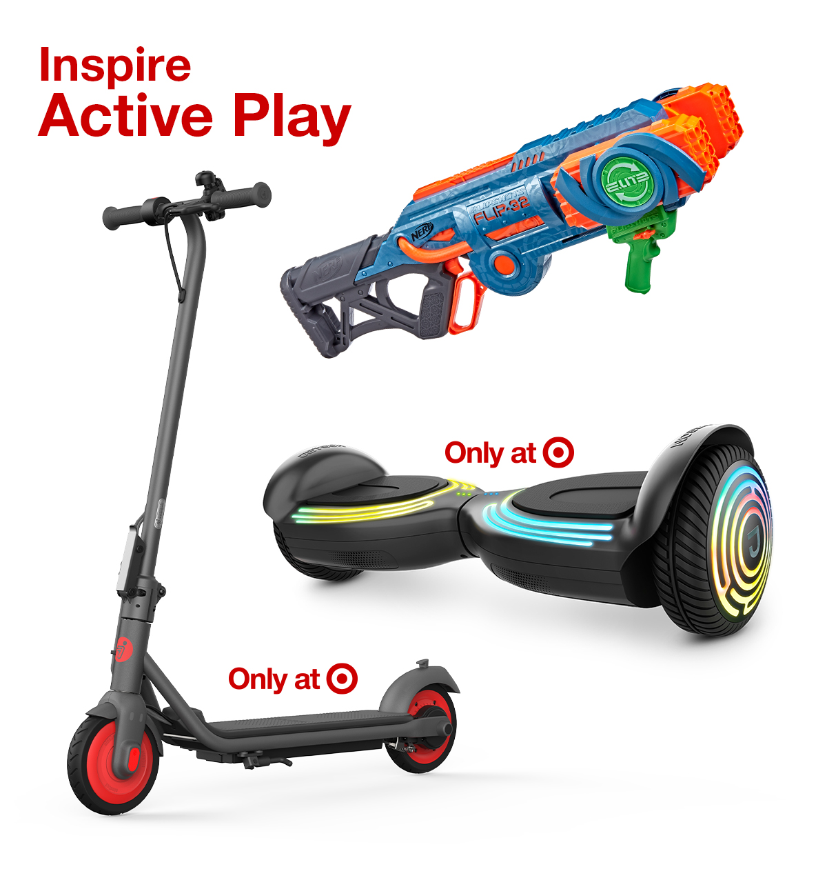 Pictures of electric scooter, hoverboard and NERF gun that inspire active play