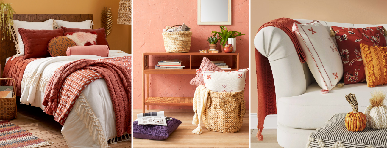 Muted blush hues across bedding, decor and throws and pillows