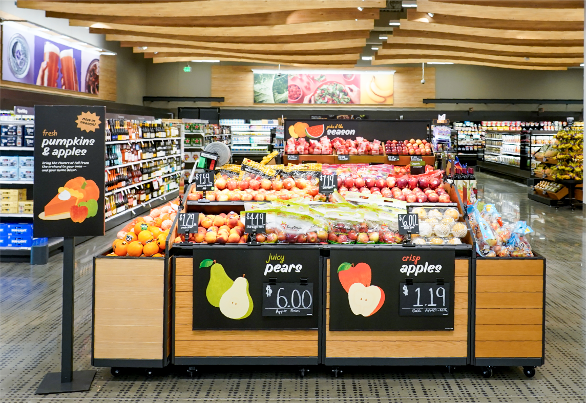 The grocery section of a Target store, with fresh produce at the center.