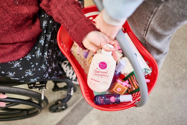 A detailed view of holiday beauty products arranged in a Target basket.