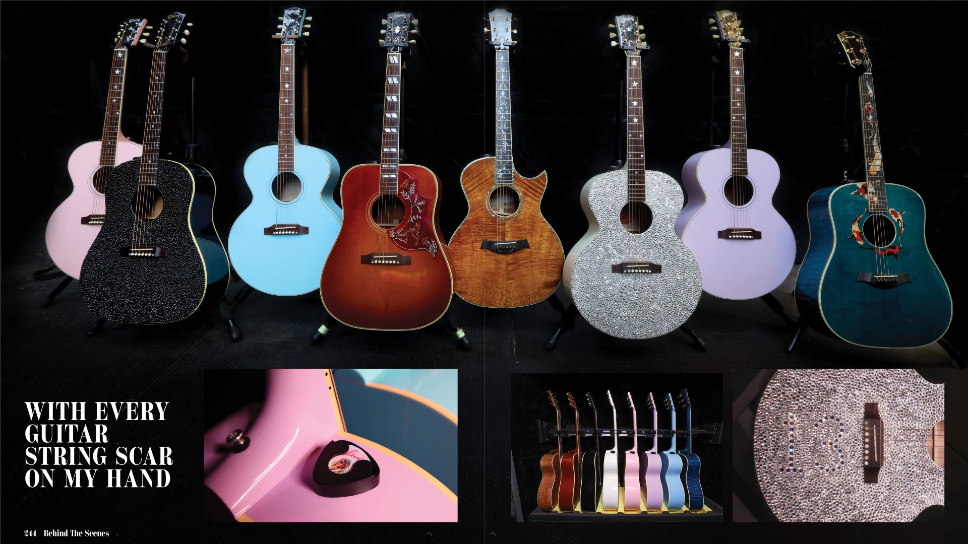 Left, take a closer look at the bespoke guitar used for the performance of “Lover” during the Taylor Swift | The Eras Tour, and right, a display of Taylor’s guitars that match the theme from their era.