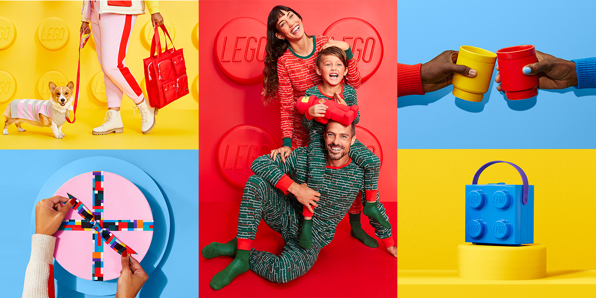 A collage of colorful photos including geometric gift wrapping, LEGO cups and bag, and a man, woman and child in LEGO pajamas