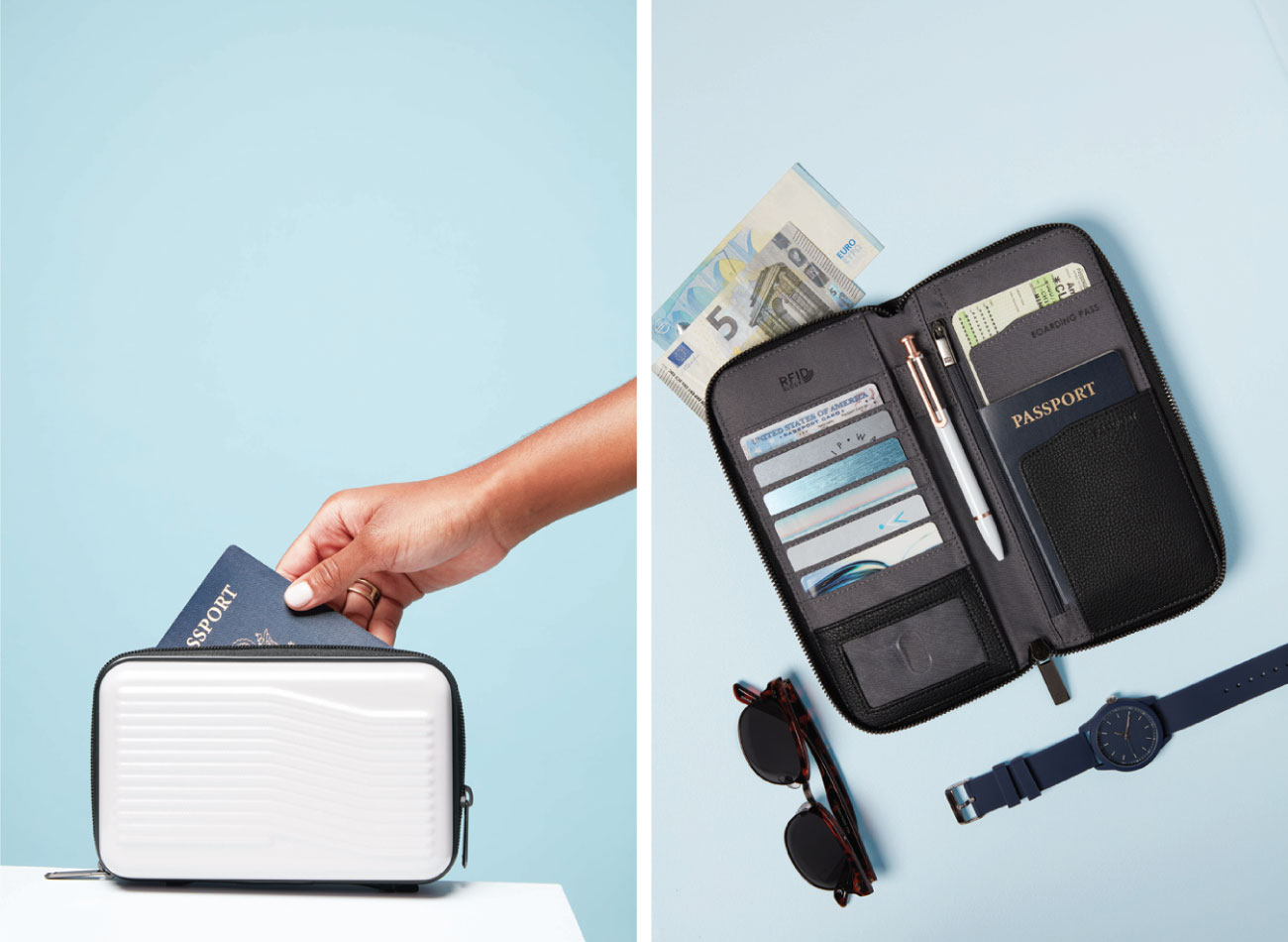 Left, a hand puts a passport into a violet card case; right, the case is open to see the gray interior with pockets for cards and pens, next to a watch and sunglasses.