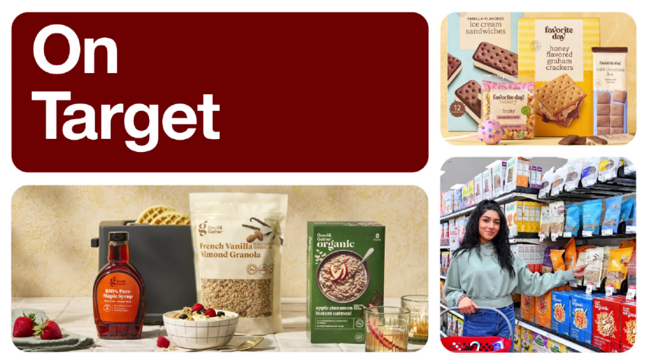 A graphic that reads "On Target" with images of Target brand food and beverage items.