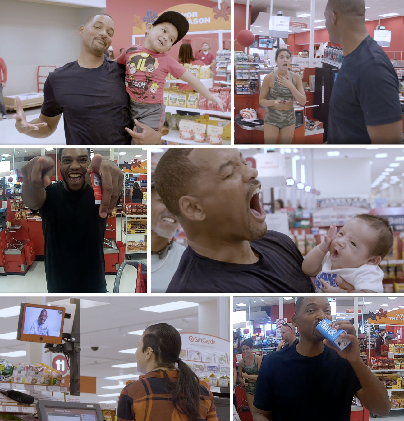 A collage of images showing Will Smith surprising and interacting with Target guests