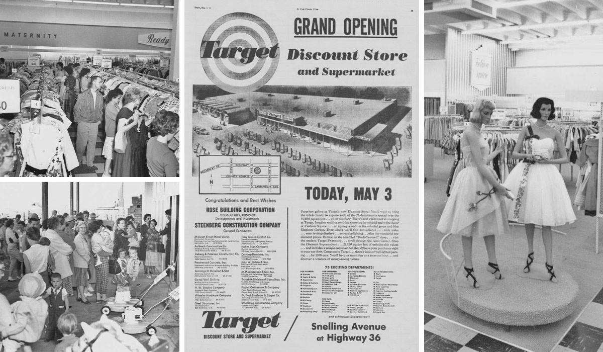 A collage of black and white photos of shoppers browsing racks of clothing; an opening-day ad; mannequins wearing party dresses; and guests waiting in line.
