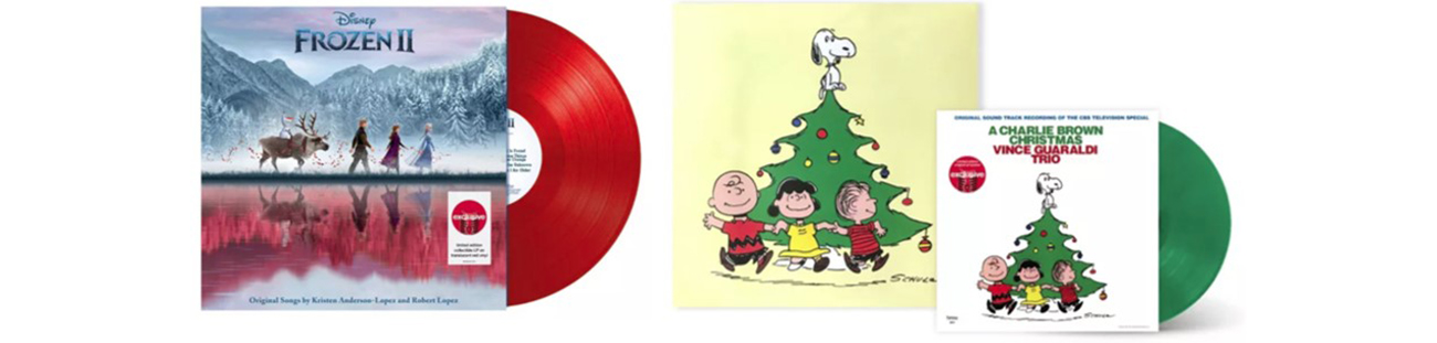 The album covers for Disney Frozen 2 and Vince Guaraldi A Charlie Brown Christmas