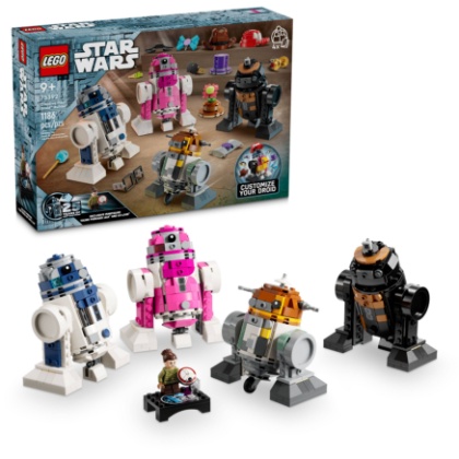 A white background displays a LEGO set with iconic Star War droids in various colors.