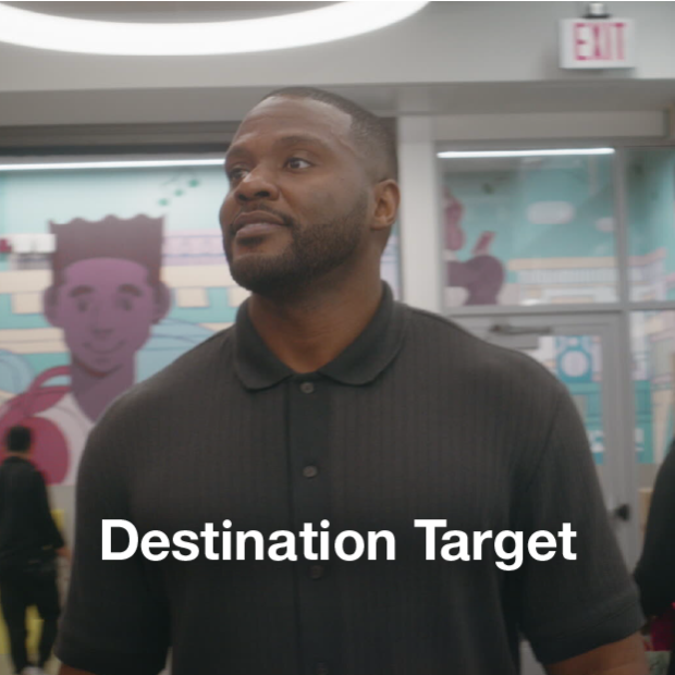 A person stands in a Target store; text overlay reads "Destination Target."